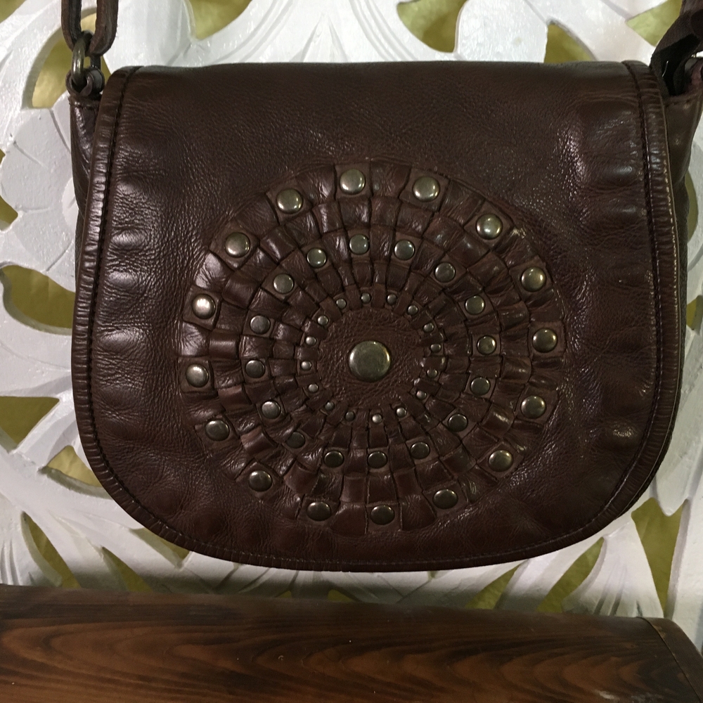 Vilenca Holland Dark Brown Mandala Embossed Leather Crossbody Bag